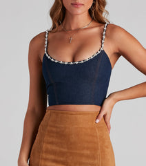 Rare Find Pearl Rhinestone Trim Denim Corset
