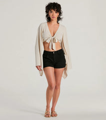 Breezy Energy Tie Front Long Sleeve Linen Top