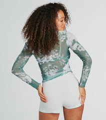 Fresh In Floral Long Sleeve Mesh Crop Top