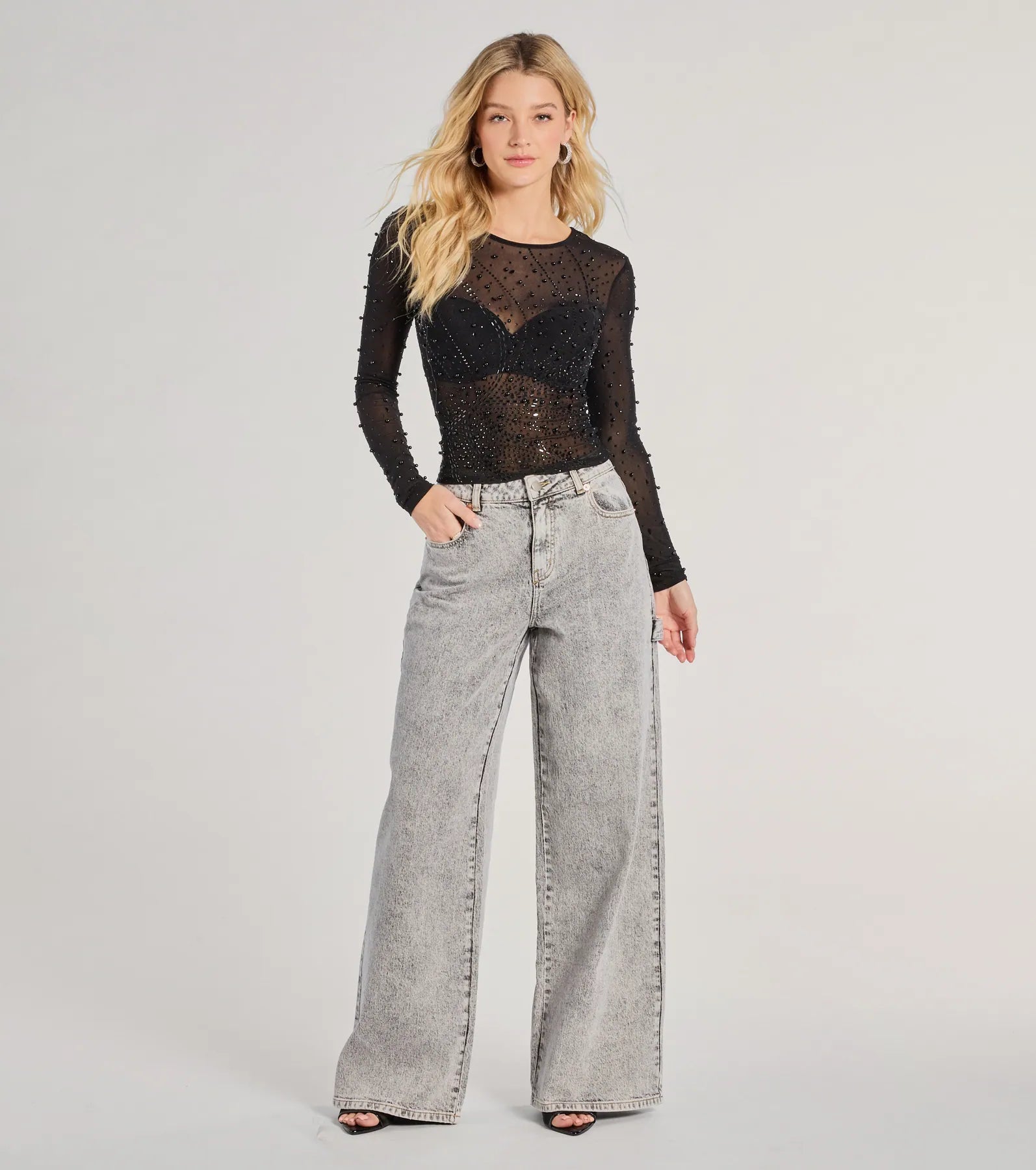 Sheer Glitz Long Sleeve Beaded Rhinestone Crop Top