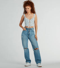 Simply Sweet Lace-Up Floral Woven Corset Top