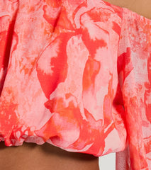 Sunset Beauty Off-The-Shoulder Marble Chiffon Crop Top
