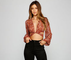 Retro Babe Chiffon Paisley Print Tie-Front Blouse